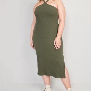 Old Navy Plus Size 3X Olive Green Ribbed Knit Halter Fitted Dress with Side Slit